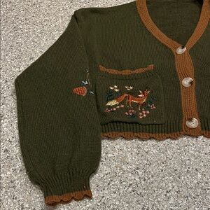 Embroidered V-Neck Sweater - Green and Brown